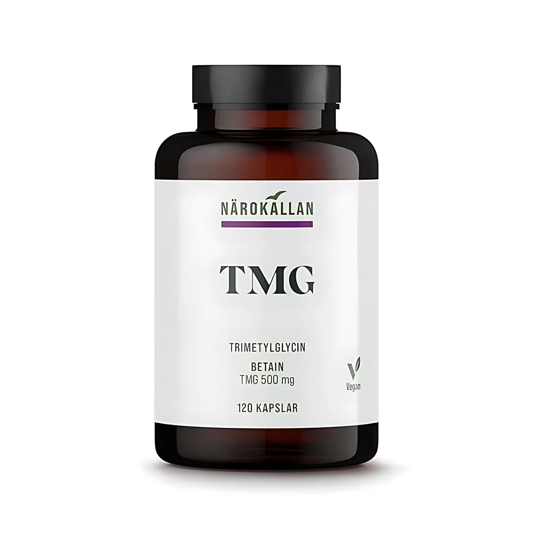 Närokällan TMG 120 caps, veganskt kosttillskott i en mörkbrun burk med vit etikett., bild 1 av 1