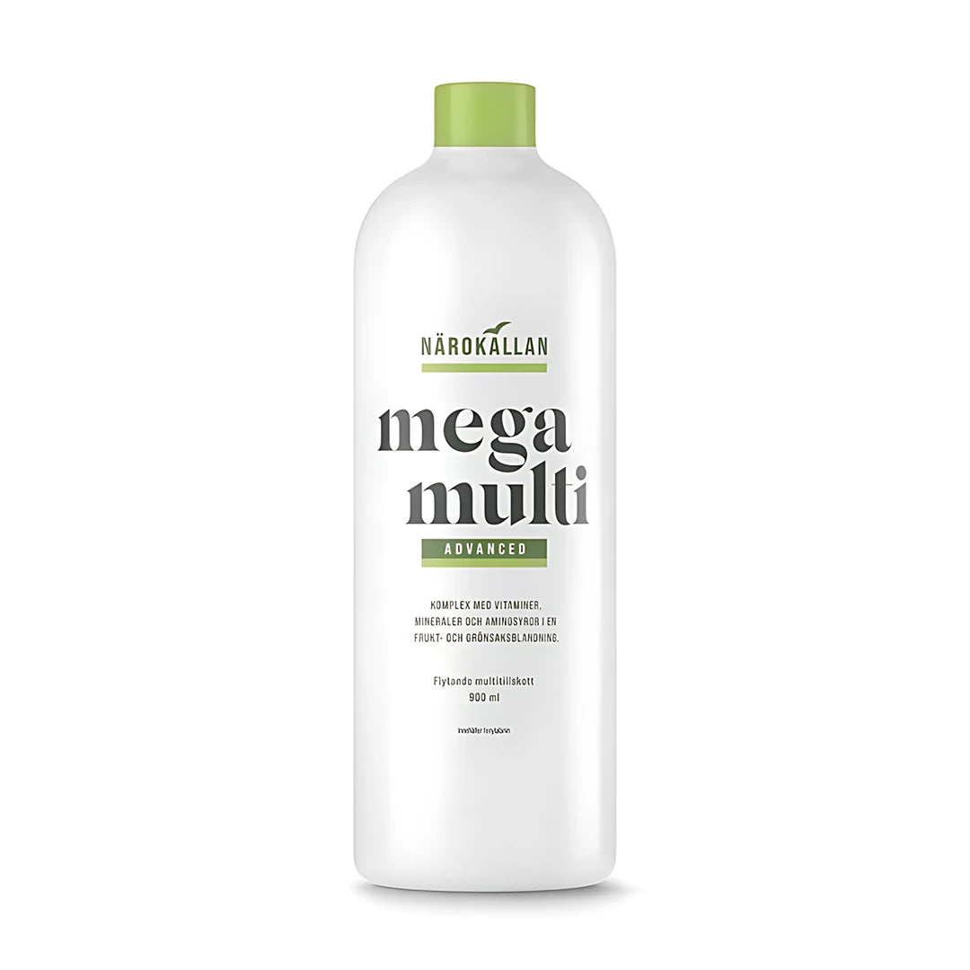 Närokällan Mega Multi Advanced 900 ml flytande multivitamintillskott i en vit flaska med gröna detaljer., bild 1 av 1