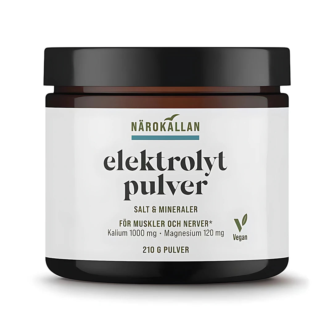 Närokällan Elektrolytpulver 210 g i en mörk burk med svart lock och vit etikett, ett veganskt kosttillskott för muskler och nerver., bild 1 av 1