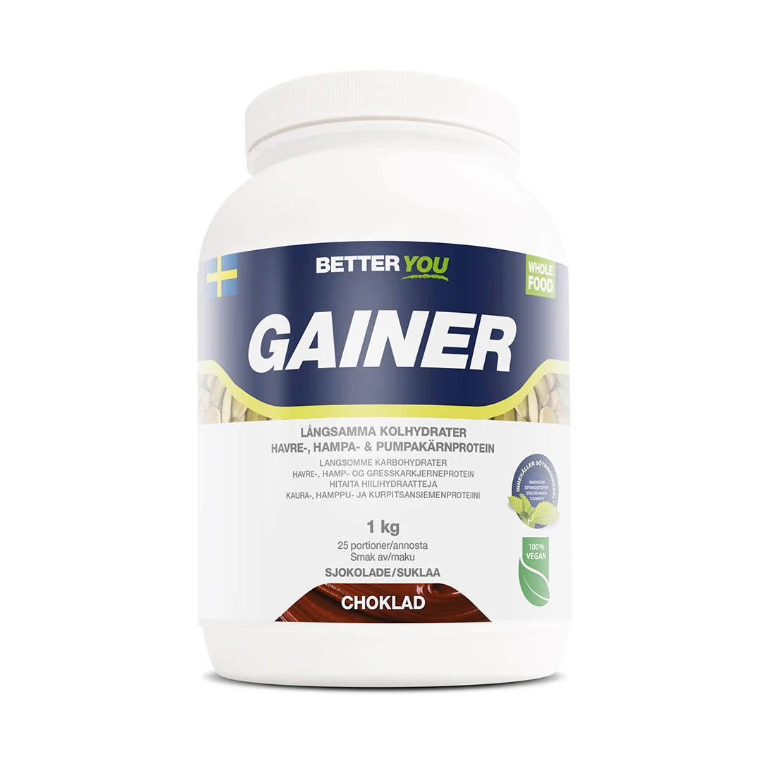 Better You Whole Food Gainer 1kg vegansk gainer i en vit burk med blå och gröna detaljer för smaken Choklad., bild 1 av 1