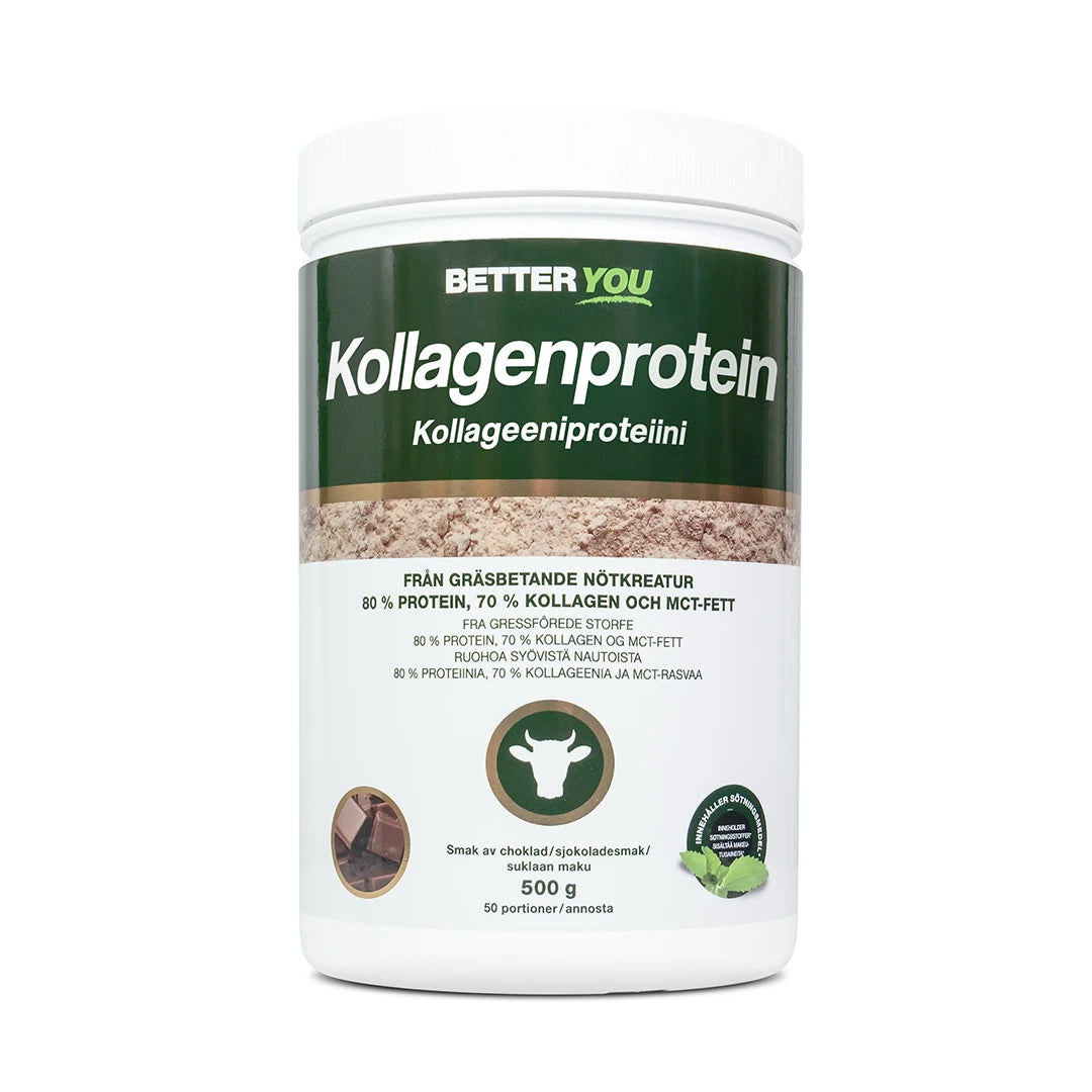Better You Kollagenprotein 500 g proteinpulver i en vit burk med mörkgrön etikett och smak av choklad., bild 1 av 1