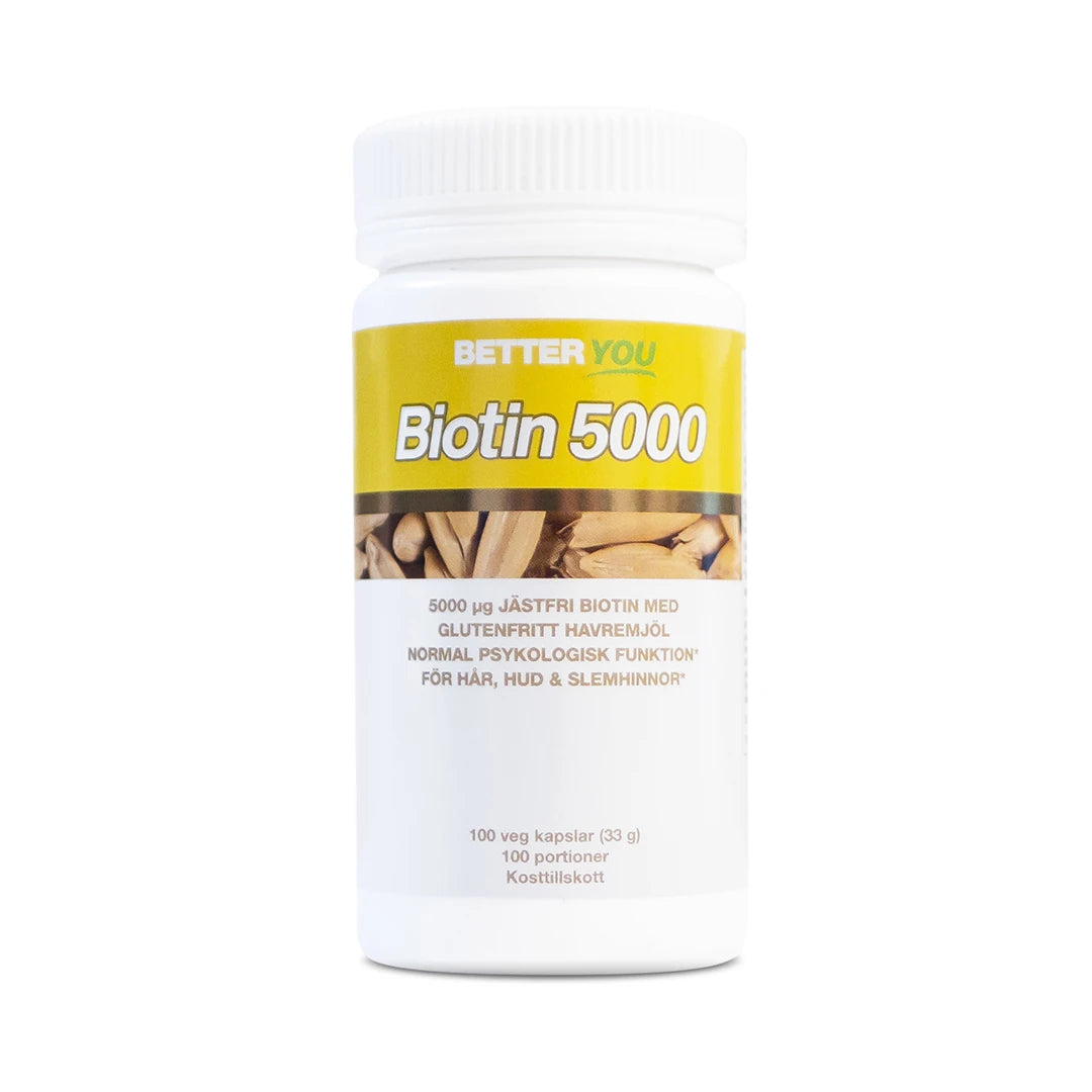 Better You Biotin 5000 - 100 caps kosttillskott förpackat i en vit BIO-burk med en gul och vit etikett., bild 1 av 1