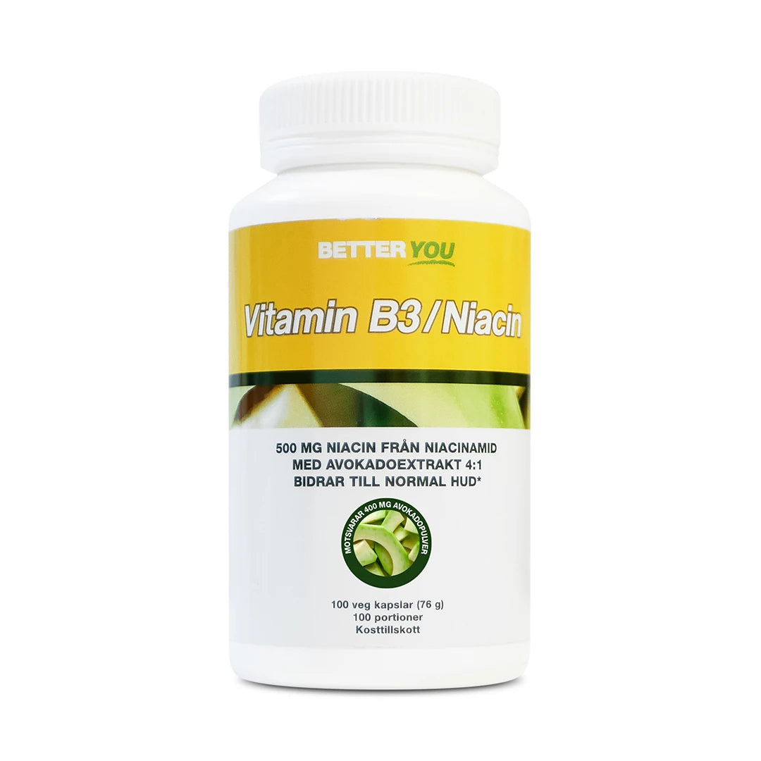 Better You Vitamin B3 / Niacin - 100 caps förpackad i en vit burk med gul etikett och gröna avokadodetaljer., bild 1 av 1