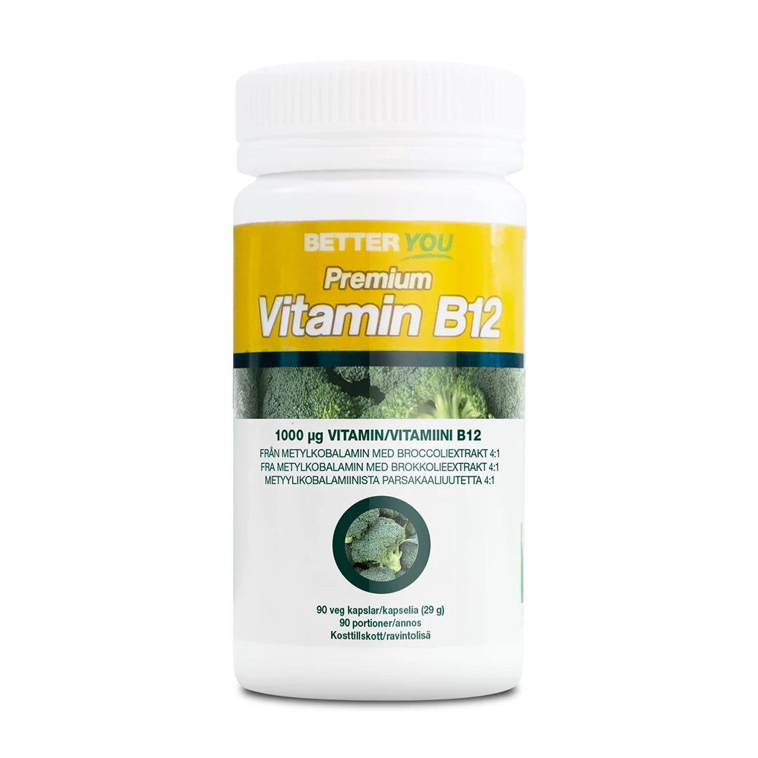 Better You Premium Vitamin B12 - 90 caps i en vit burk med gul etikett och bilder på broccoli., bild 1 av 1