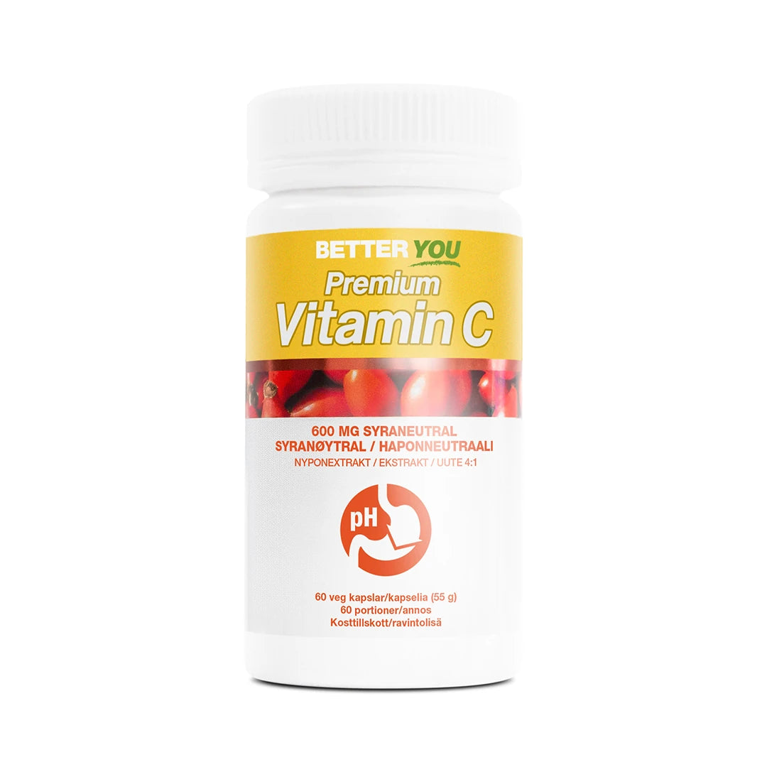 Better You Premium Vitamin C - 60 kaps i en vit burk med gul etikett och röda detaljer av nypon., bild 1 av 1