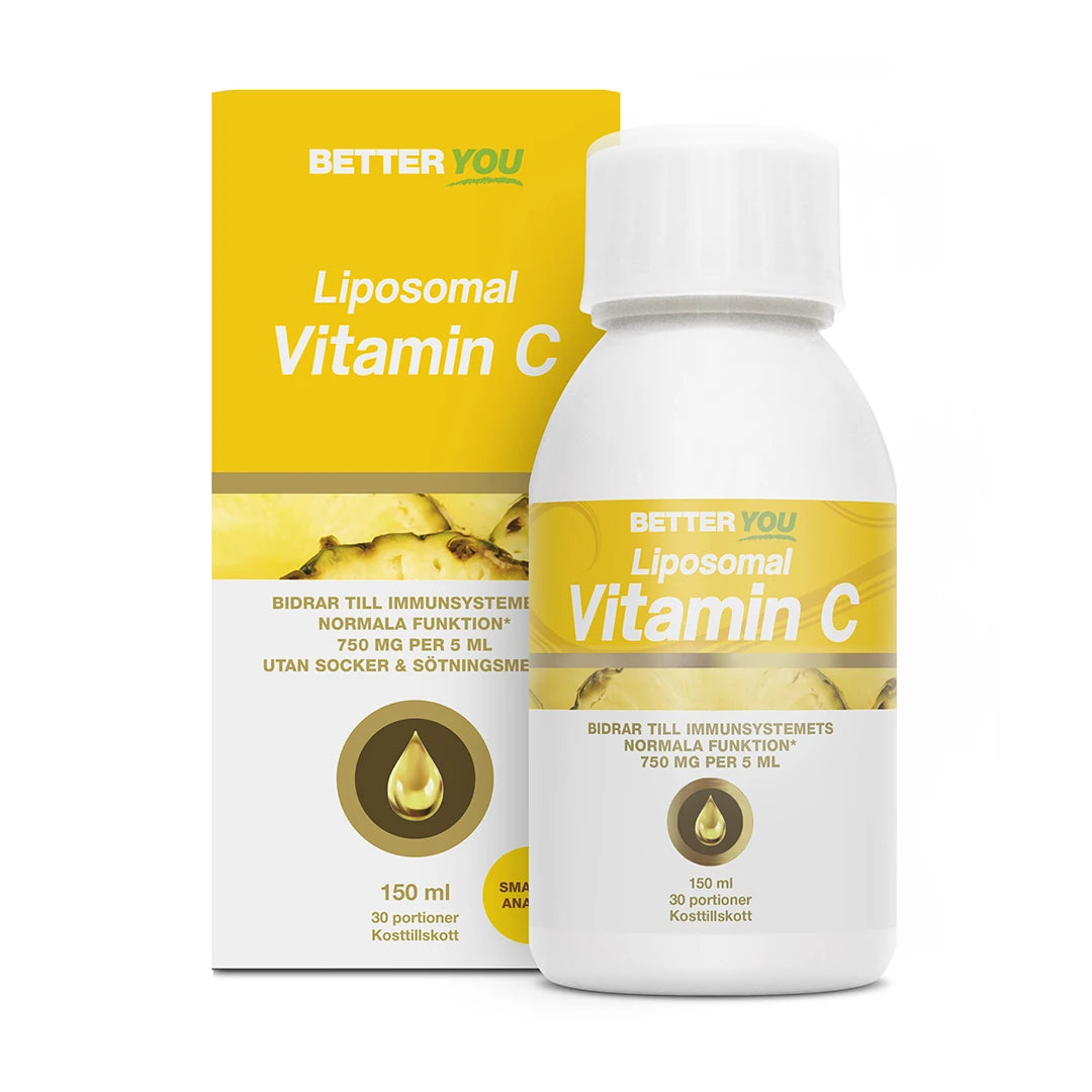 Better You Liposomal Vitamin C - 150 ml flytande kosttillskott, vit flaska med gul etikett och tillhörande kartong., bild 1 av 1
