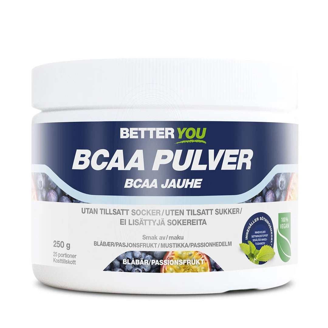 Better You Naturligt BCAA Pulver 250 g i en vit burk med blå etikett, smak av blåbär och passionsfrukt., bild 1 av 1