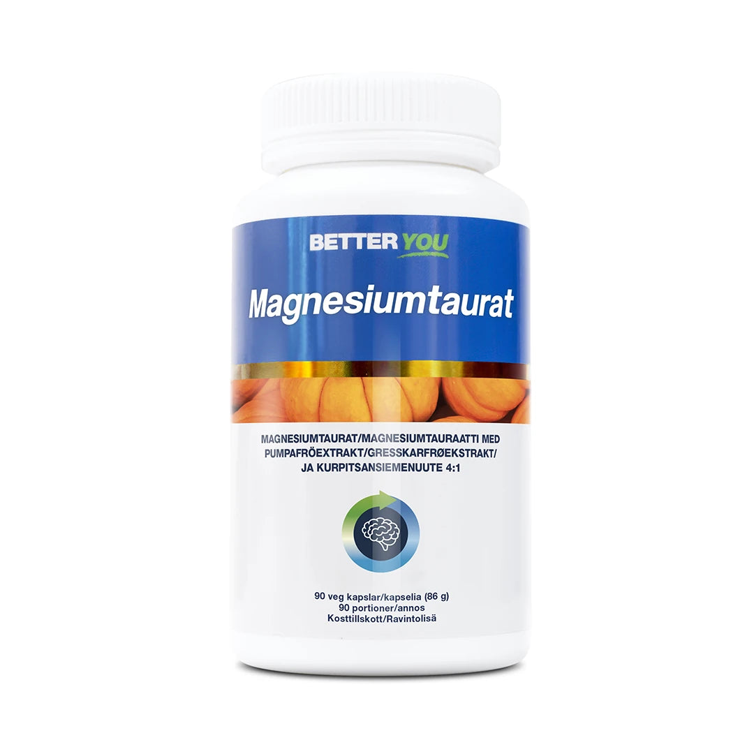 Better You Magnesiumtaurat - 90 kaps i en vit plastburk med blå etikett och bilder på pumpor., bild 1 av 1