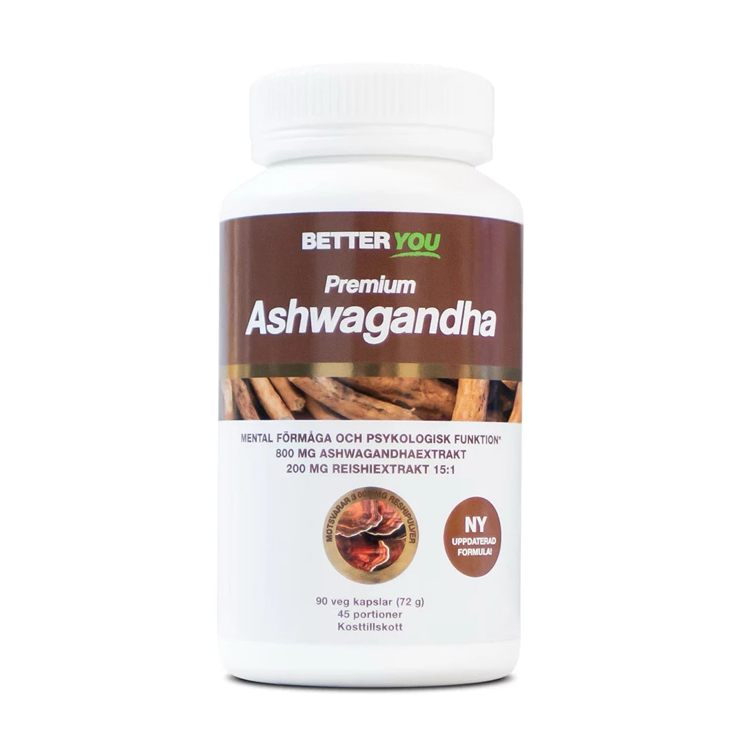 Better You Premium Ashwagandha 90 caps i en vit plastburk med brun etikett och bild på ashwagandharötter., bild 1 av 1