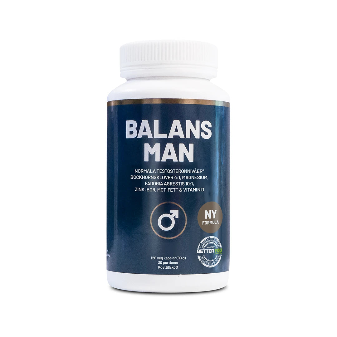 Better You Balans Man 120 caps kosttillskott förpackad i en vit burk med mörkblå etikett., bild 1 av 1