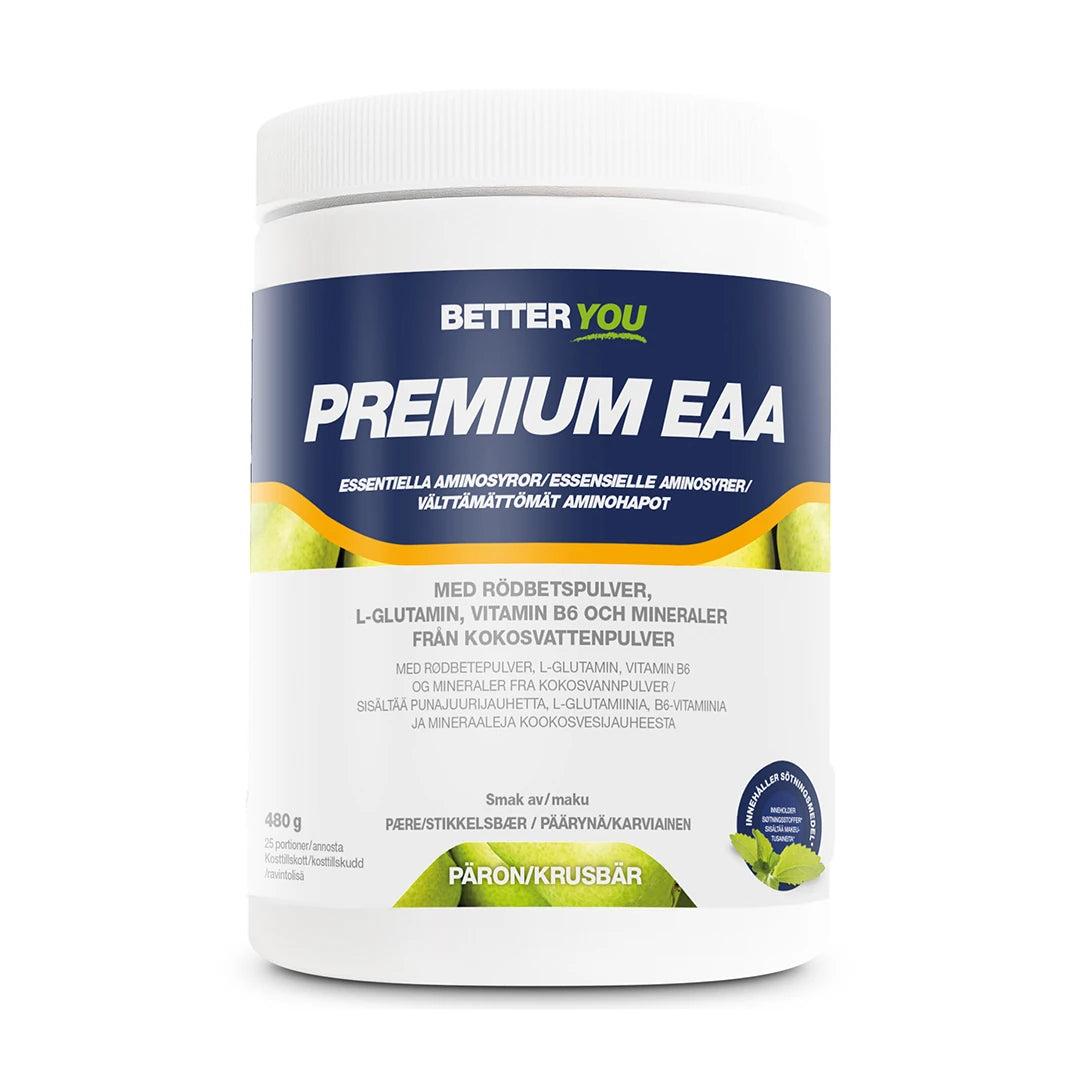Better You Premium EAA 480 g aminosyror i en vit burk med blå och gröna detaljer för smaken Päron Krusbär.