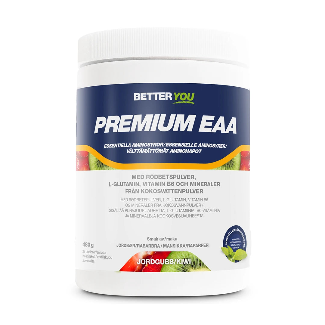 Better You Premium EAA 480g aminosyror i en vit burk med blå och orange detaljer för smaken Jordgubb Kiwi., bild 3 av 3