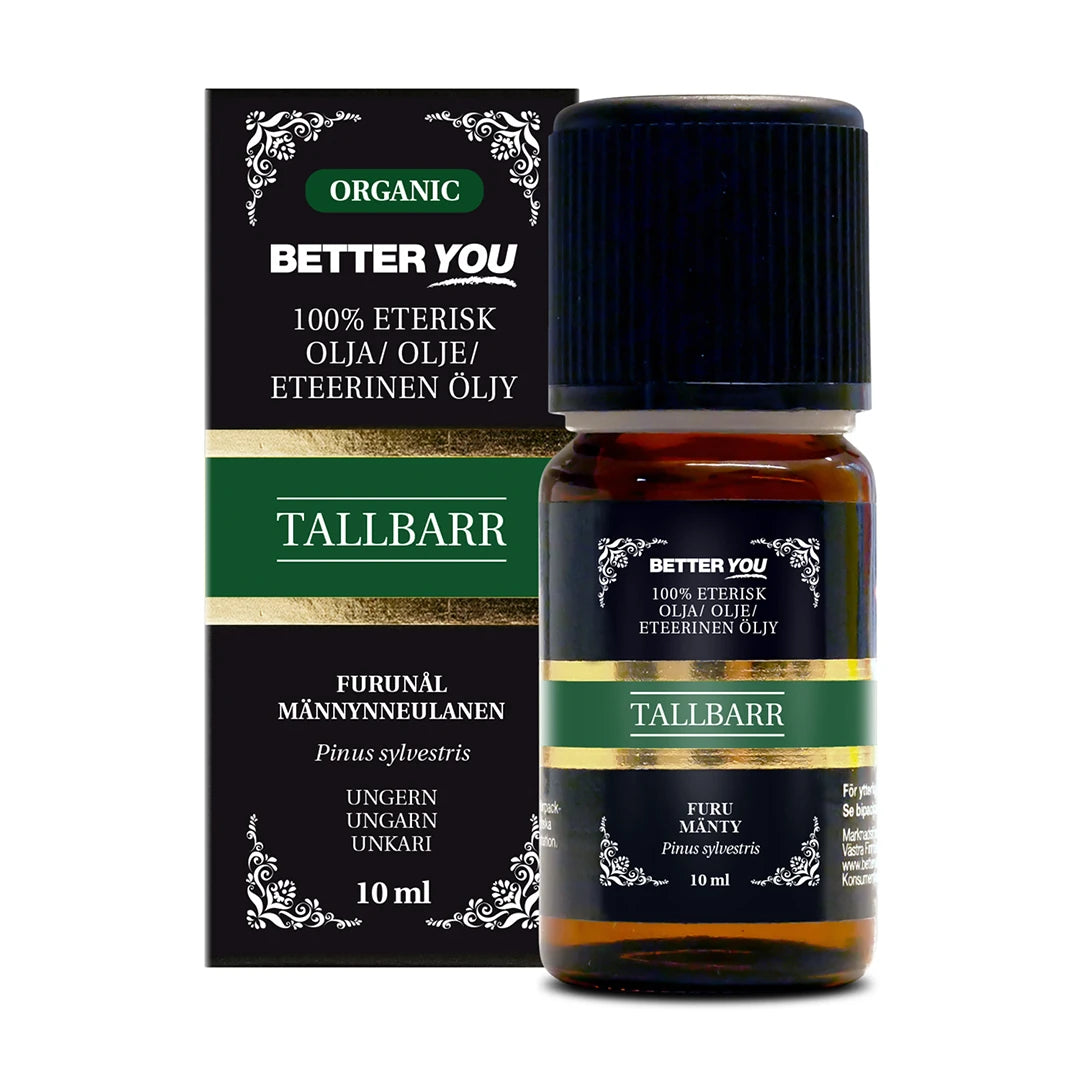 Better You Tallbarrsolja EKO Eterisk - 10 ml i mörk glasflaska med svart lock och tillhörande förpackning med gröna detaljer., bild 1 av 1