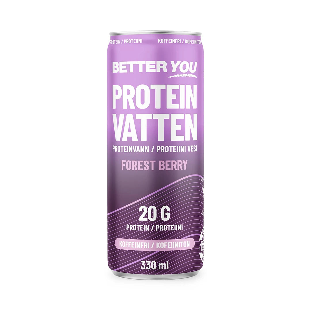 Better You Proteinvatten 330 ml i en lila burk med vita detaljer för den koffeinfria smaken Forest Berry., bild 1 av 4