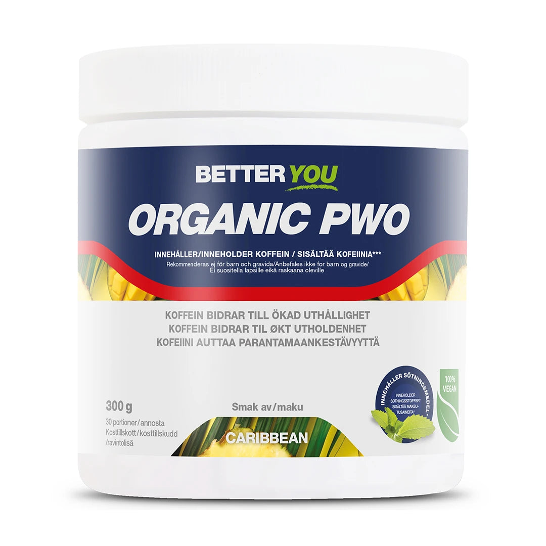 Better You Organic PWO 300 g pre-workout i pulverform, förpackad i en vit burk med smaken Caribbean., bild 1 av 1