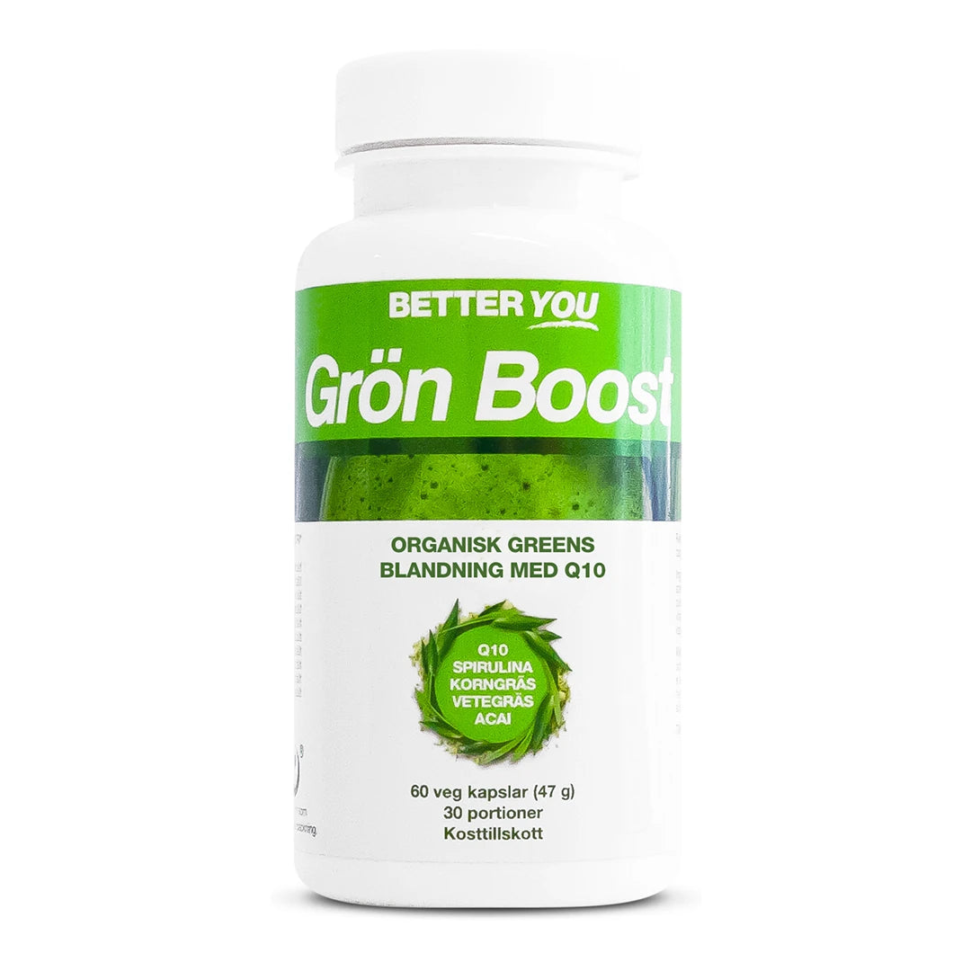 Better You Grön Boost Kapslar 60 kaps 0,047 kg kosttillskott förpackat i en vit plastburk med grön etikett., bild 1 av 1