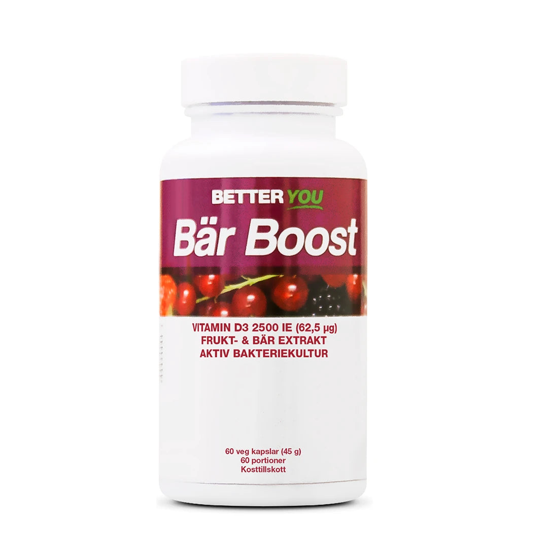 Better You Bär Boost Kapslar 60 kaps kosttillskott förpackad i en vit burk med bärmotiv., bild 1 av 1