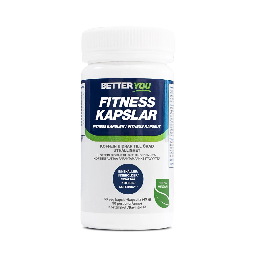 Vit burk med blå och grön etikett innehållande Better You Fitness Kapslar med koffein 60 caps för ökad uthållighet., bild 1 av 1