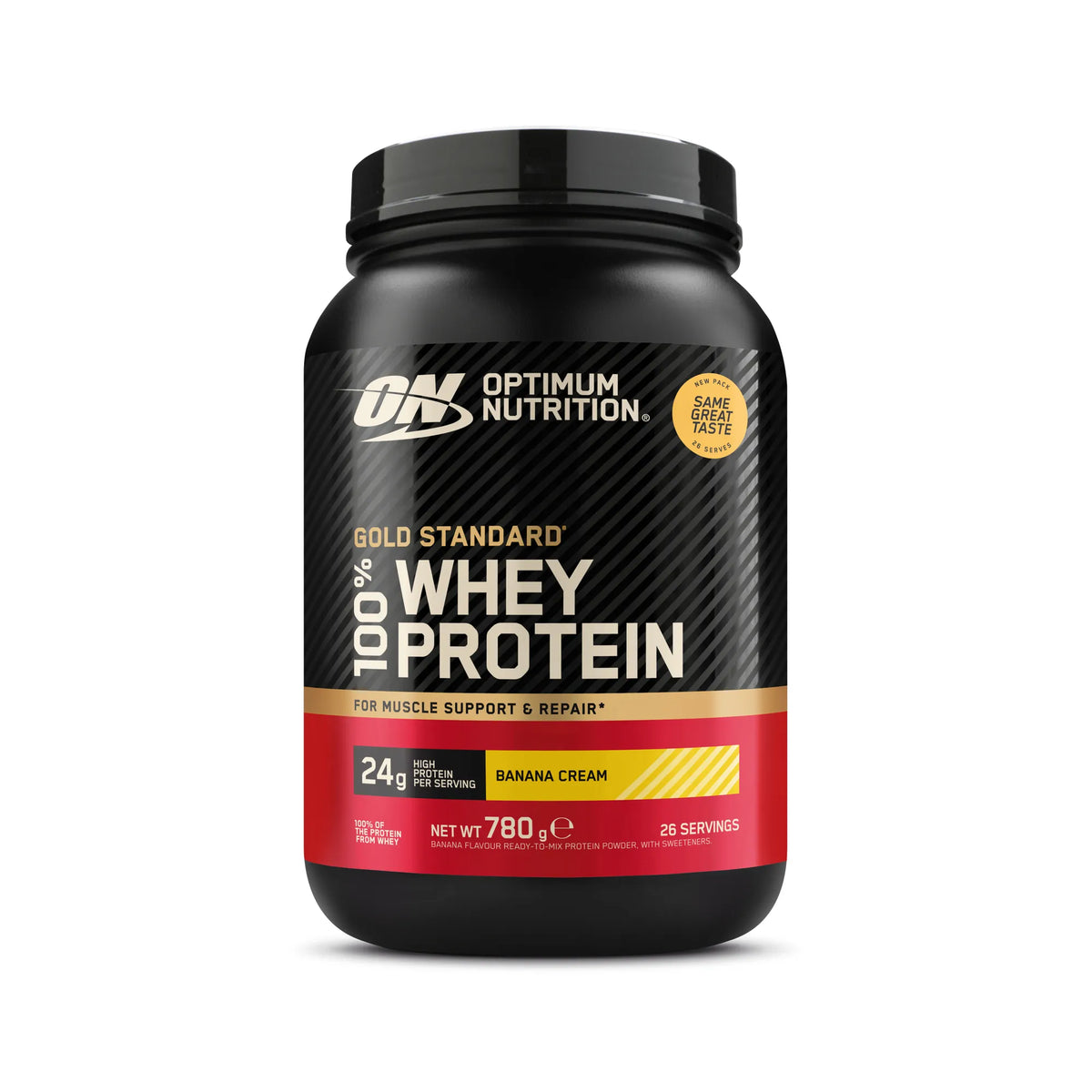 Optimum Nutrition 100% Whey Gold Standard 775 g proteinpulver i en svart burk med röda detaljer för smaken Banana., bild 1 av 8