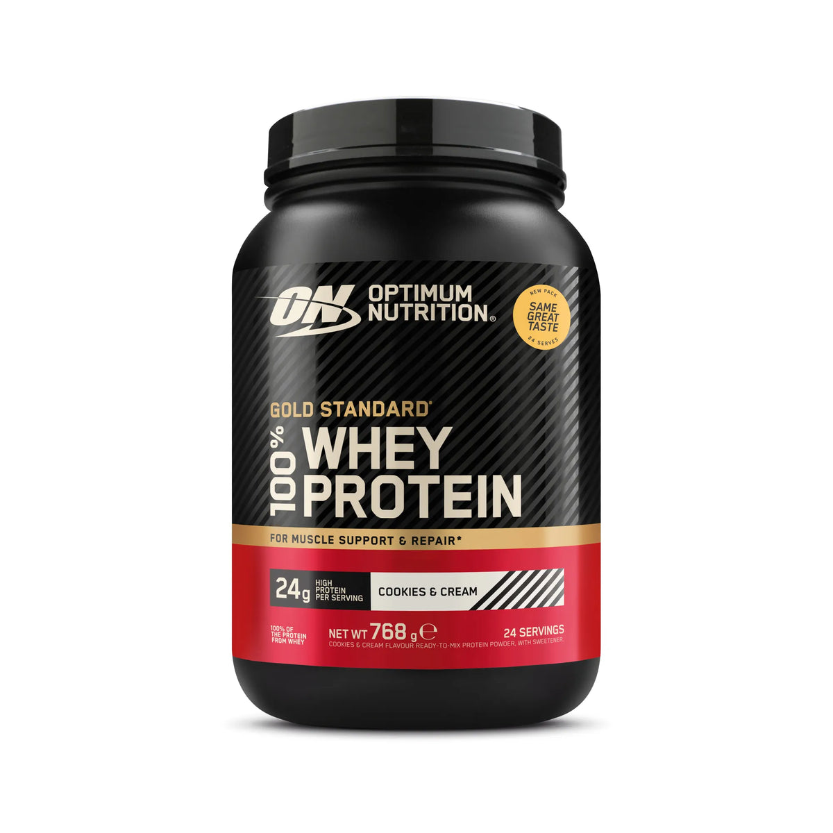 Optimum Nutrition 100% Whey Gold Standard 775 g proteinpulver i en svart burk med röda detaljer för smaken Cookies &amp; Cream., bild 2 av 8