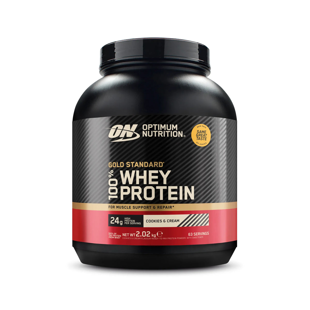 Optimum Nutrition 100% Whey Gold Standard 2 kg i en svart burk med röda detaljer för smaken Cookies & Cream.