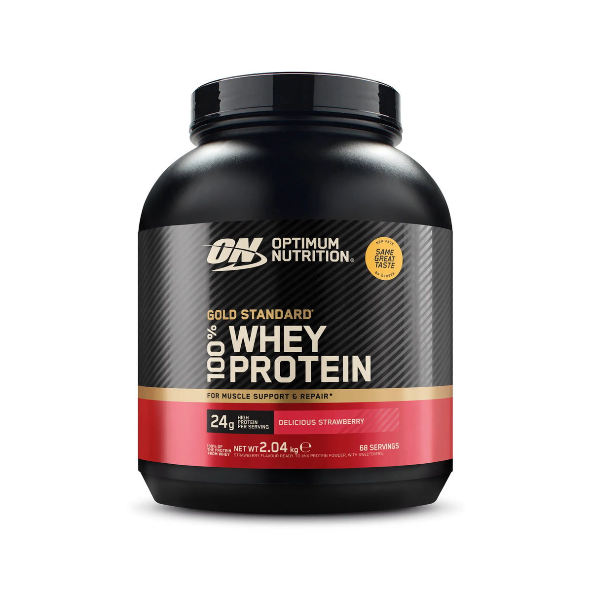 Optimum Nutrition 100% Whey Gold Standard 2 kg i en svart burk med röda detaljer för smaken Delicious Strawberry., bild 3 av 6