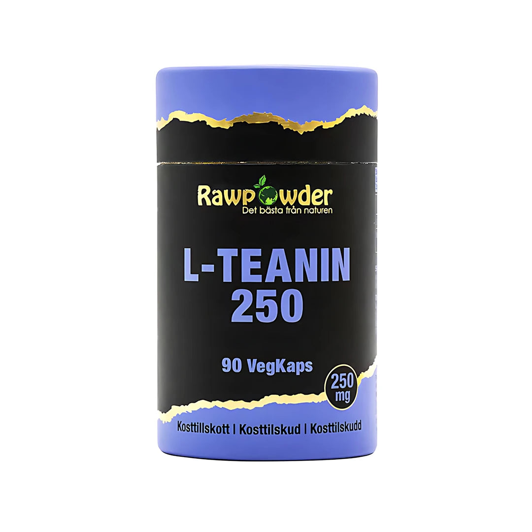 Rawpowder L-Teanin 90 caps kosttillskott i en svart burk med ljusblått lock och detaljer., bild 1 av 1