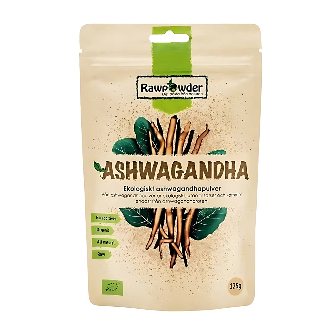 Rawpowder Ashwaganda pulver 125 g i en ljusbeige påse med illustrationer av ashwagandharötter och gröna blad., bild 1 av 1