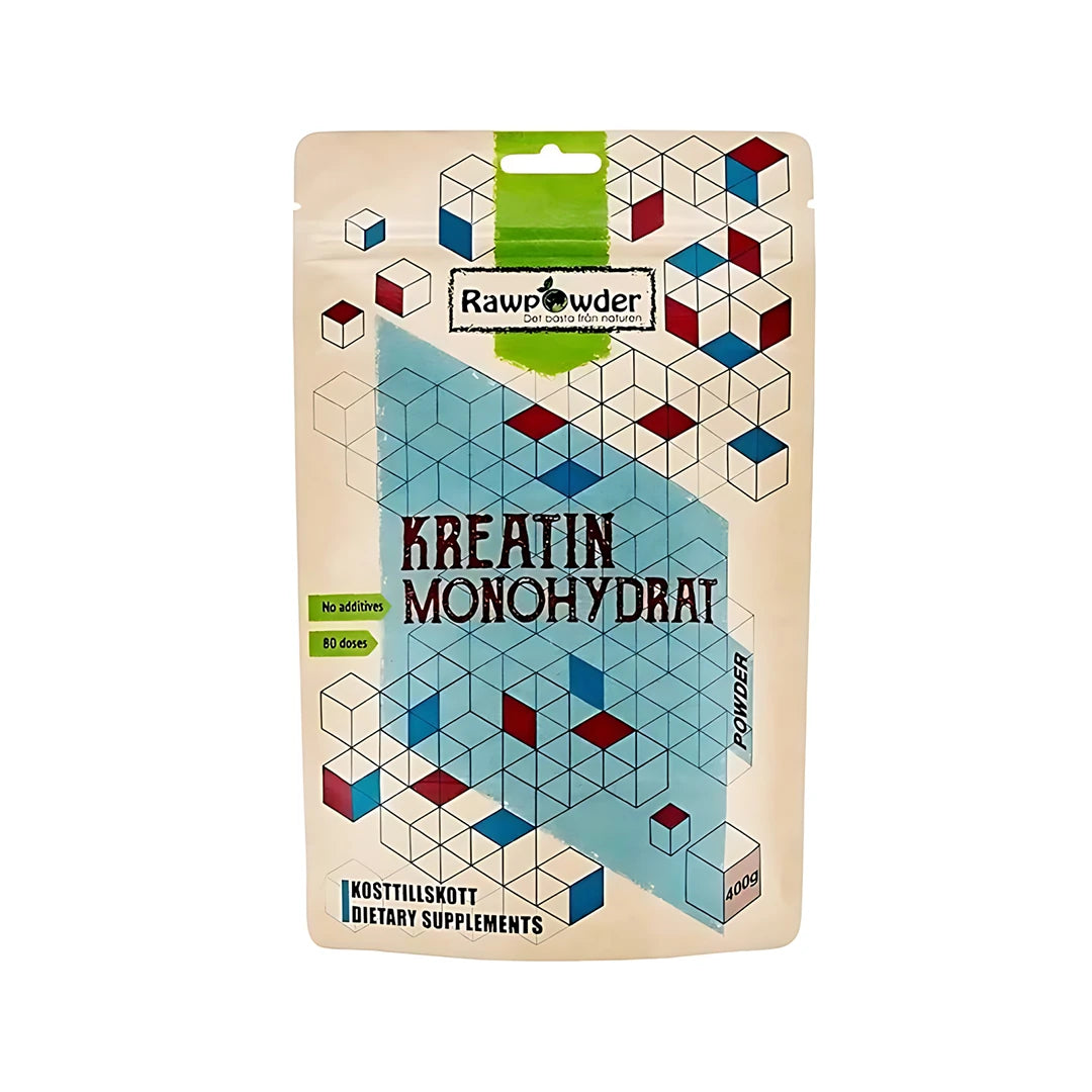 Rawpowder Kreatin monohydrat 400 g kosttillskott i pulverform, förpackad i en påse med geometriskt mönster i blått och rött., bild 1 av 1