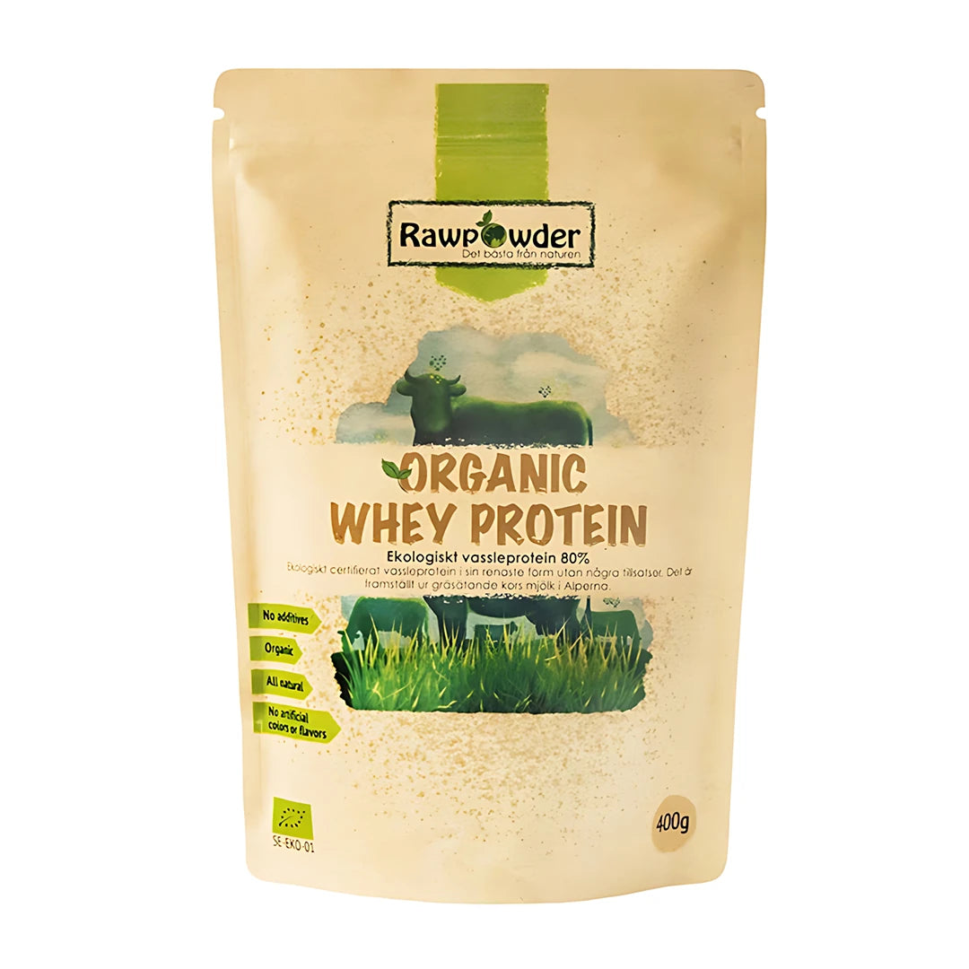 Rawpowder Organic Whey Protein 400 g ekologiskt proteinpulver, beige påse med gröna detaljer och illustrationer av kor., bild 1 av 1