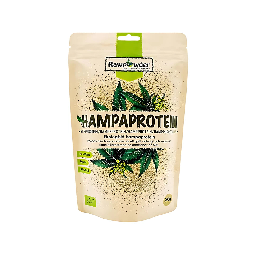 Rawpowder Hampaprotein 500 g i en beige påse med gröna hampablad och text för ekologiskt veganskt proteinpulver., bild 1 av 1
