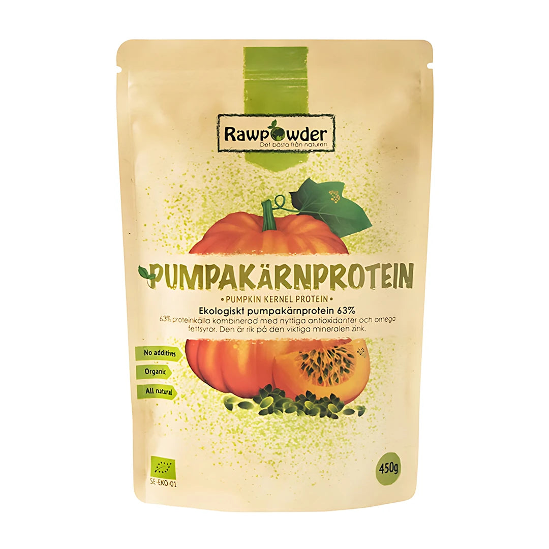 Rawpowder Pumpakärnprotein 450 g, ekologiskt proteinpulver i en beige påse med en illustration av en pumpa., bild 1 av 1