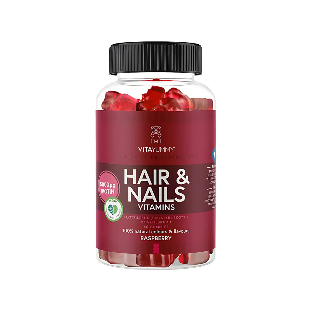 VitaYummy Hair &amp; Nails Vitamin 60 pcs, röda gummies i en genomskinlig burk med vinröd etikett och svart lock., bild 1 av 1