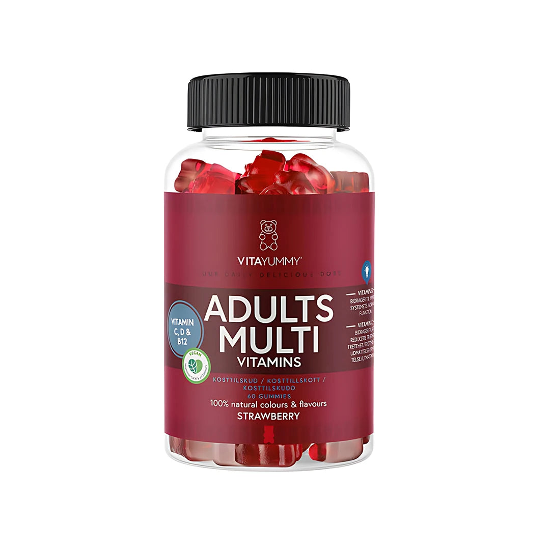 VitaYummy Adults Multivitamin 60 pcs i en genomskinlig plastburk med svart lock, mörkröd etikett och röda gummies., bild 1 av 1