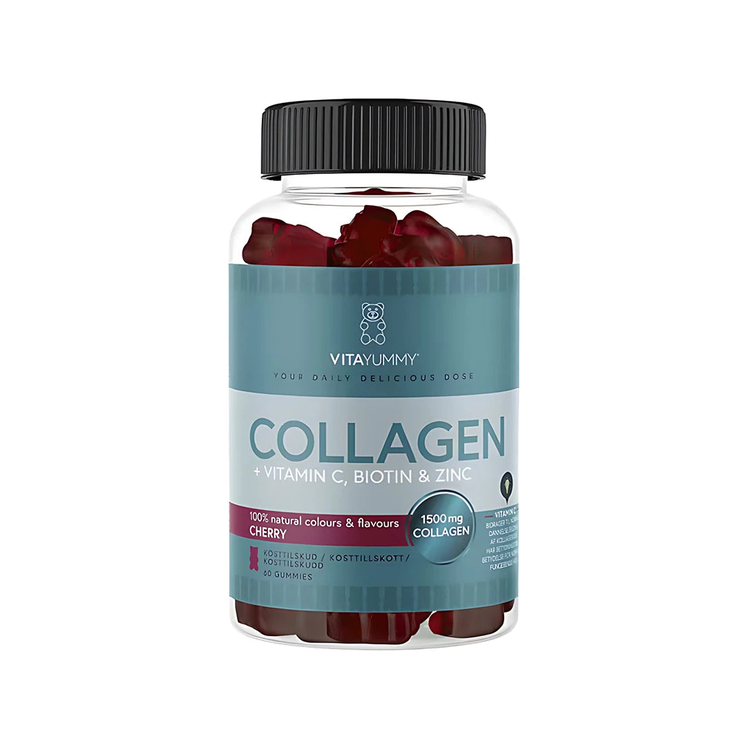 VitaYummy Collagen 60 pcs i en transparent burk med blågrå etikett, fylld med mörkröda gummies med smak av cherry., bild 1 av 1