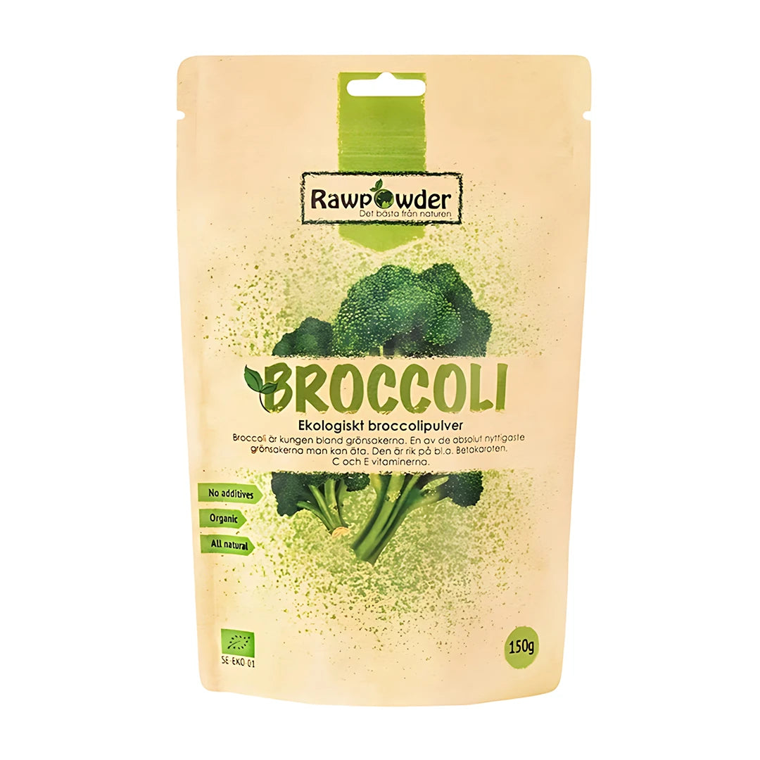 Rawpowder Broccolipulver 150 g ekologiskt pulver i en beige påse med gröna detaljer och broccoli., bild 1 av 1