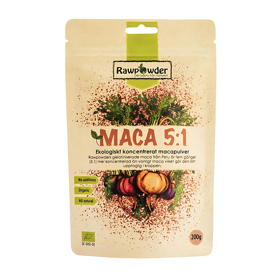 Rawpowder 5:1 Maca 200 g i en beige påse dekorerad med illustrationer av färgglada macarötter., bild 1 av 1