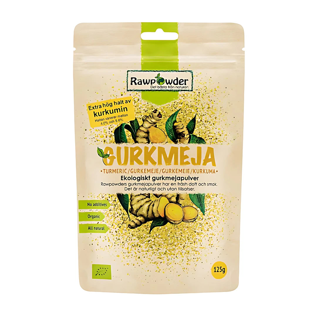 Rawpowder Gurkmeja 125 g i en ljusbeige påse med gröna detaljer och illustration av gurkmejarot., bild 1 av 1