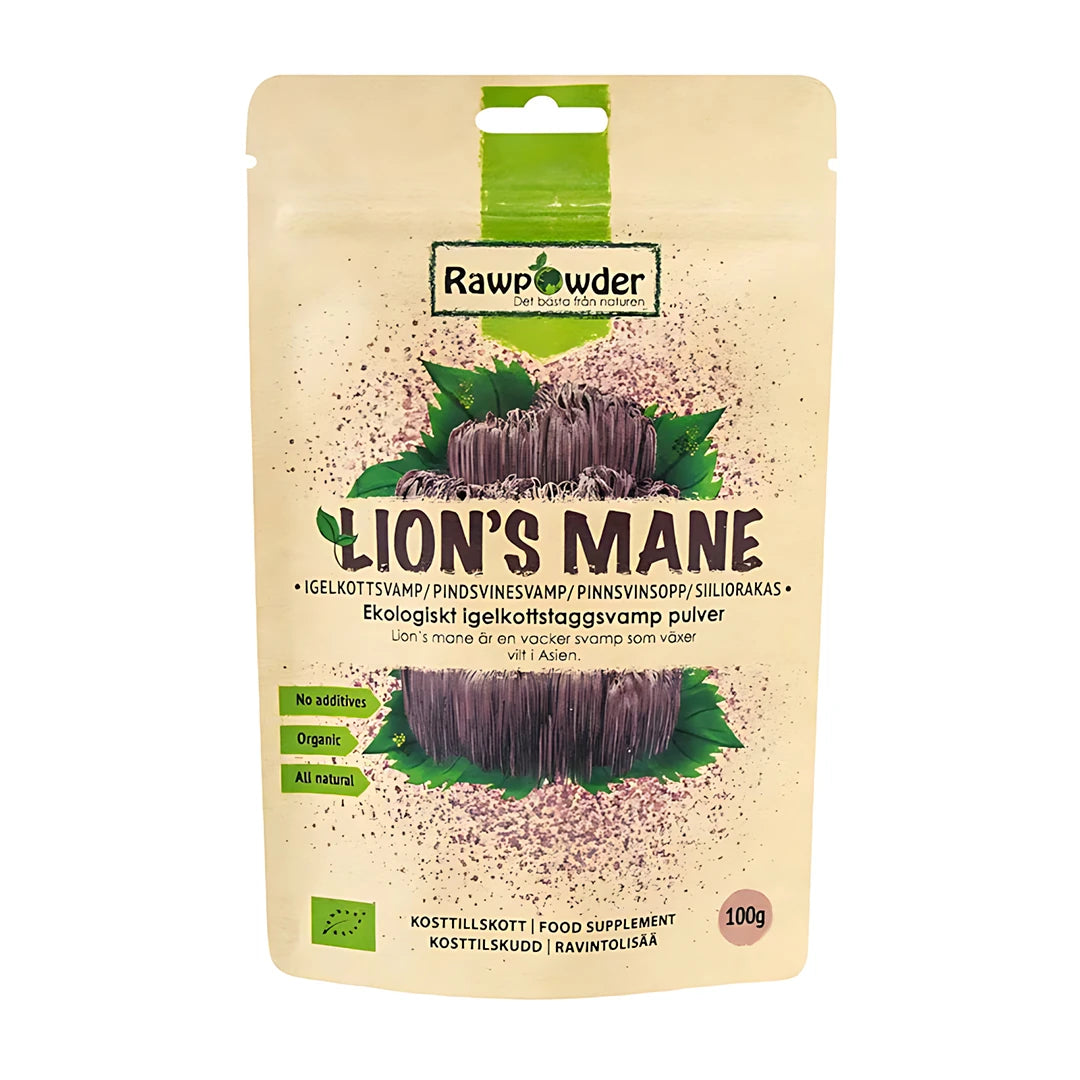 Rawpowder Lions Mane pulver 100 g förpackat i en ljus påse med illustration av svampen och gröna blad., bild 1 av 1