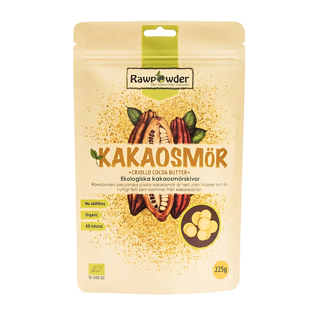 Rawpowder Kakaosmör 225 g i en beige påse med illustration av kakaofrukt och kakaosmörskivor.