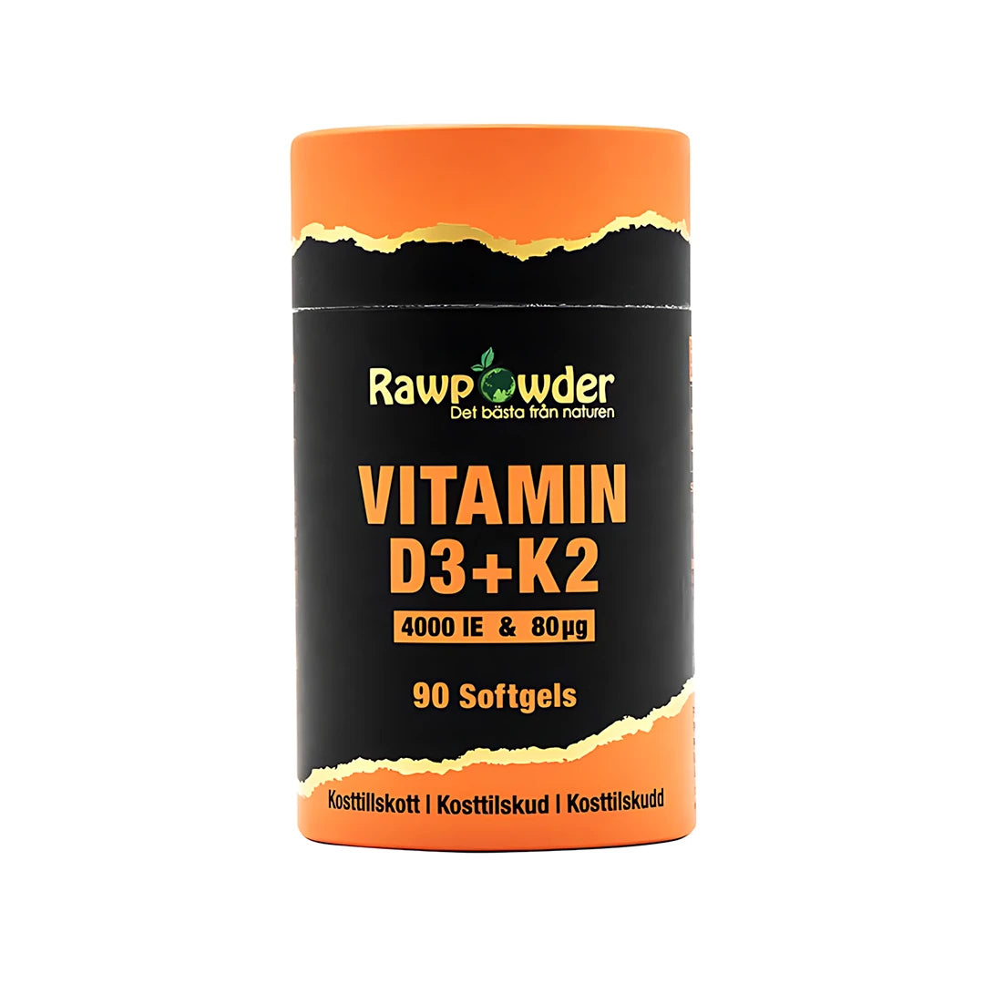 Rawpowder Vitamin D3 + K2 90 caps kosttillskott i en svart burk med orangea detaljer., bild 1 av 1