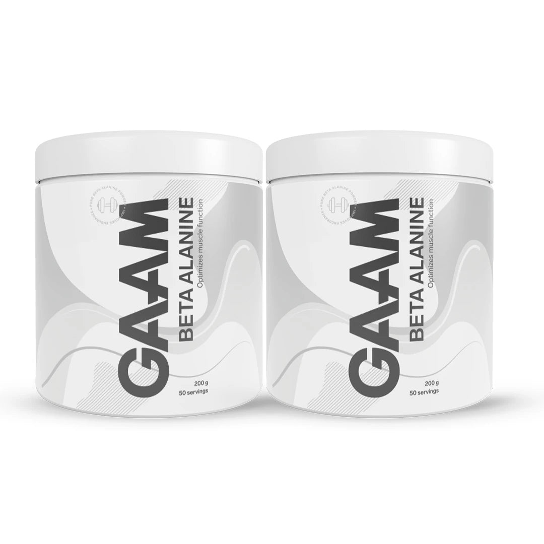 2 x GAAM Beta alanine 200 g aminosyror i två vita burkar med grå detaljer och svart text., bild 1 av 1