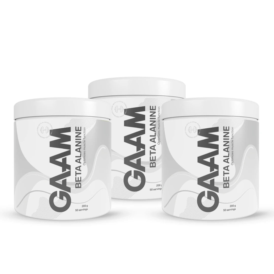 3 x GAAM Beta alanine 200 g aminosyror i tre vita burkar med grå och svarta detaljer., bild 1 av 1
