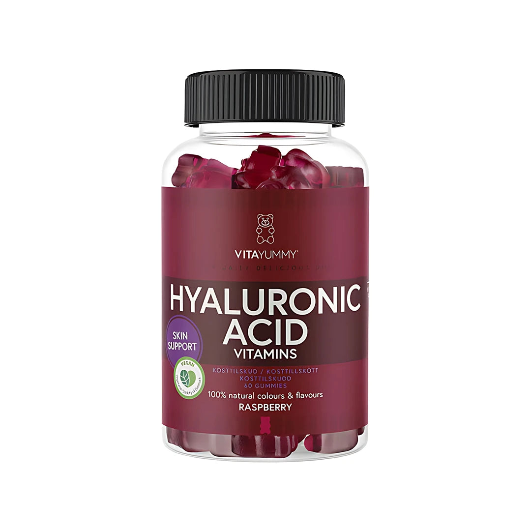 VitaYummy Hyaluronic Acid Vitamin 60 pcs i en transparent burk med svart lock, fylld med mörkröda hallongummies., bild 1 av 1