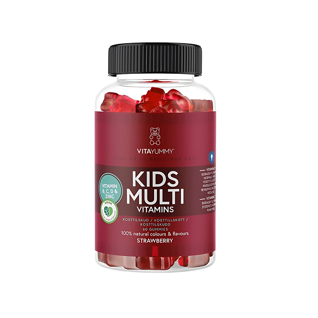 VitaYummy Kids Multivitamin 60 pcs i en klar plastburk med mörkröd etikett, svart lock och röda gummies., bild 1 av 1