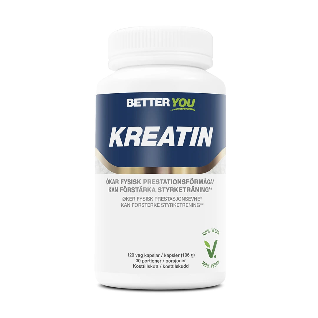 Better You Kreatinkapslar - 120 kaps i en vit burk med blå etikett, ett veganskt kreatintillskott för styrketräning., bild 1 av 1