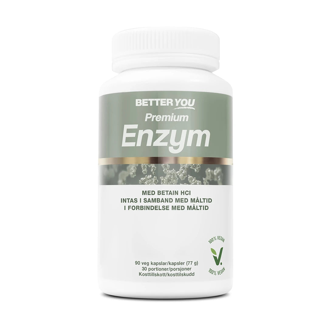 Better You Premium Enzym - 90 kaps enzymtillskott i en vit burk med grågröna och guldiga detaljer., bild 1 av 1