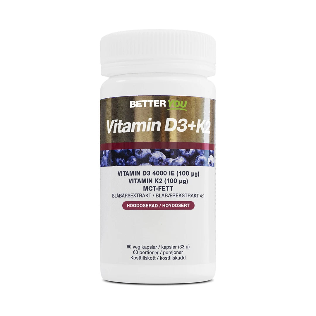 Better You Vitamin D3 4000IE + K2 100µg - 60 kaps förpackad i en vit burk med blåbärsmotiv och guldiga detaljer., bild 1 av 1