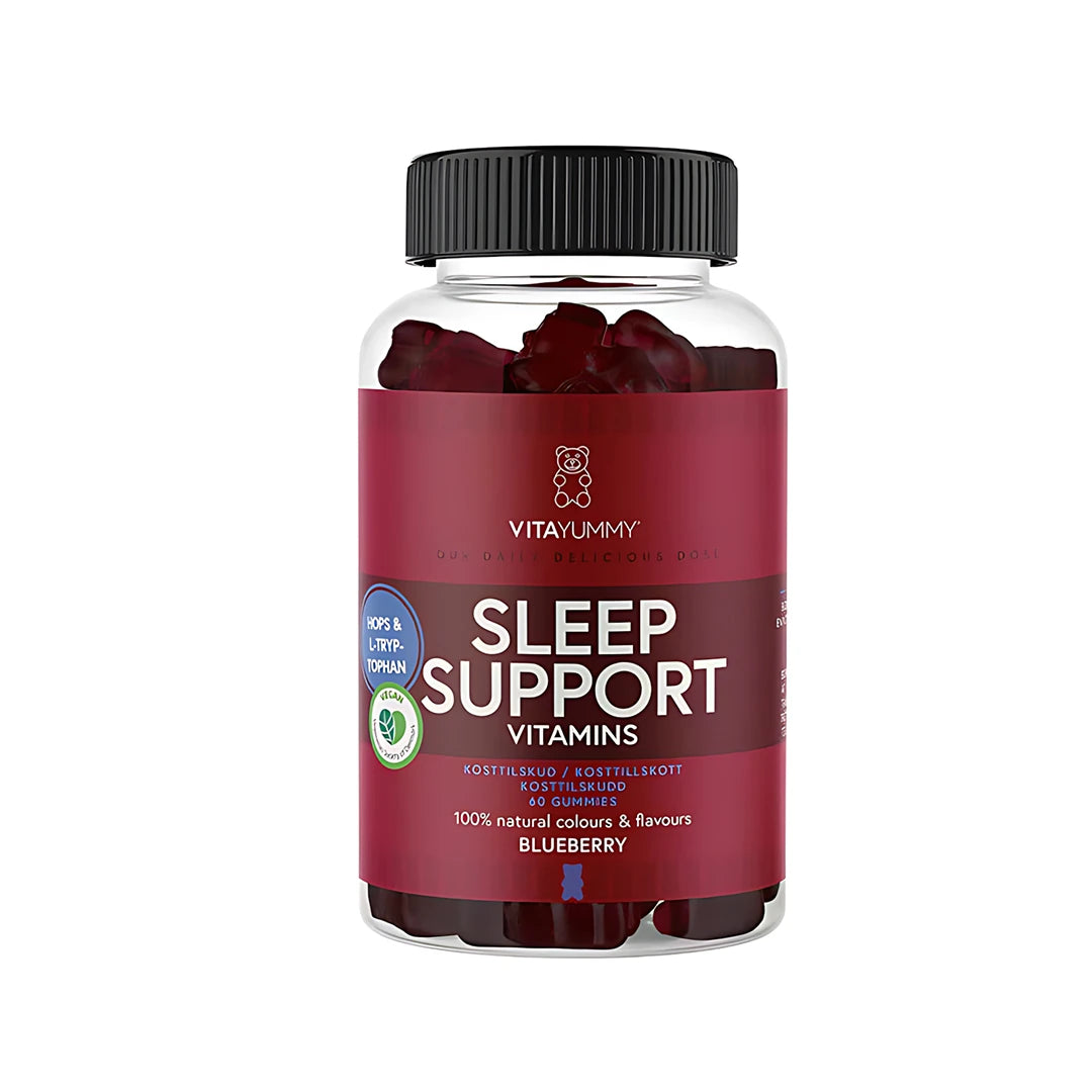 VitaYummy Calm Sleep Vitamins 60 pcs i en transparent burk med röd etikett, fylld med björnformade blåbärsgummies., bild 1 av 1