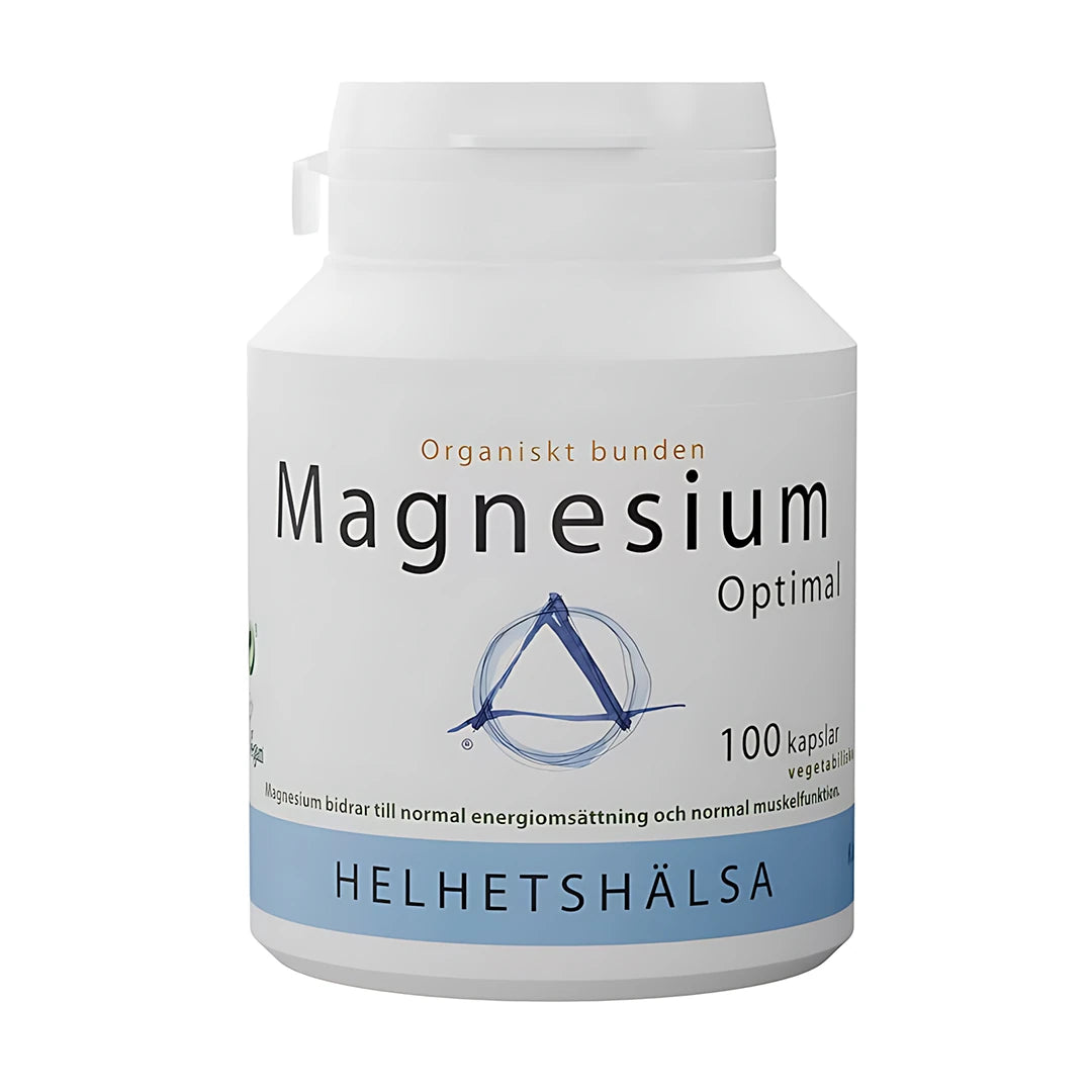 Helhetshälsa Magnesium Optimal 100 caps i en vit burk med blå detaljer, ett kosttillskott för normal muskelfunktion., bild 1 av 1